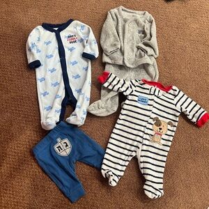 Bundle of 4 Boys Newborn Clothing Pieces Footie Pajamas, Two Piece Set, Pants